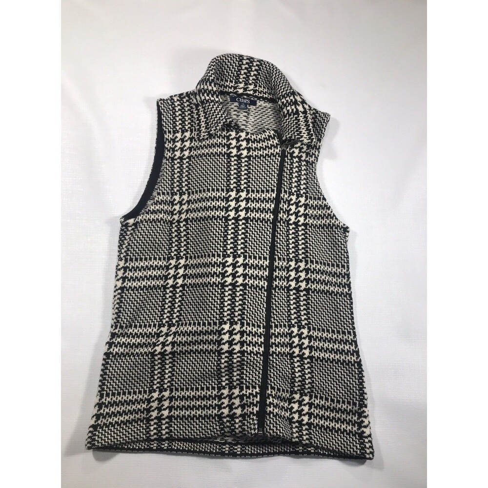 CHAPS Womens Sleeveless Cardigan Sweater Vest Large Black Check Cotton